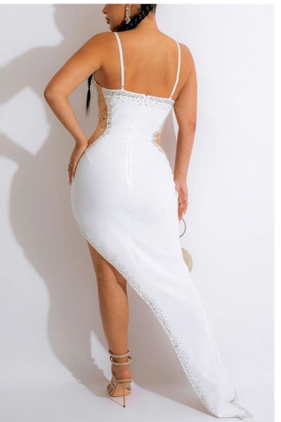 Hot High Slit Rhinestone Sleeveless Slight Stretch Maxi Prom Dress Sizes S to 3XL