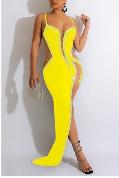 Hot High Slit Rhinestone Sleeveless Slight Stretch Maxi Prom Dress Sizes S to 3XL
