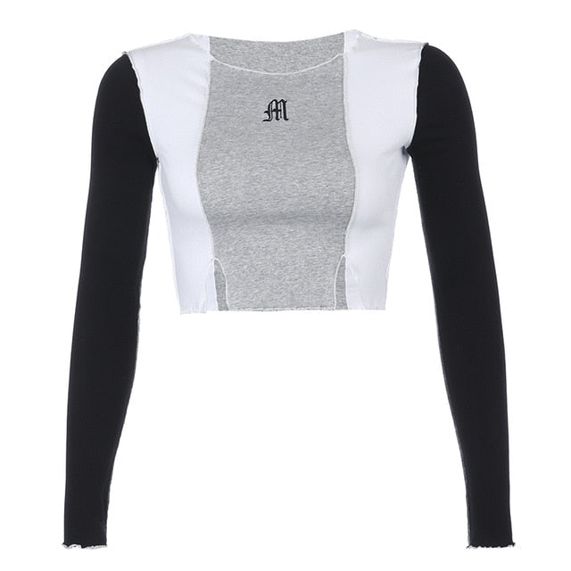Vintage Patchwork Split Crop Top Gothic Tees