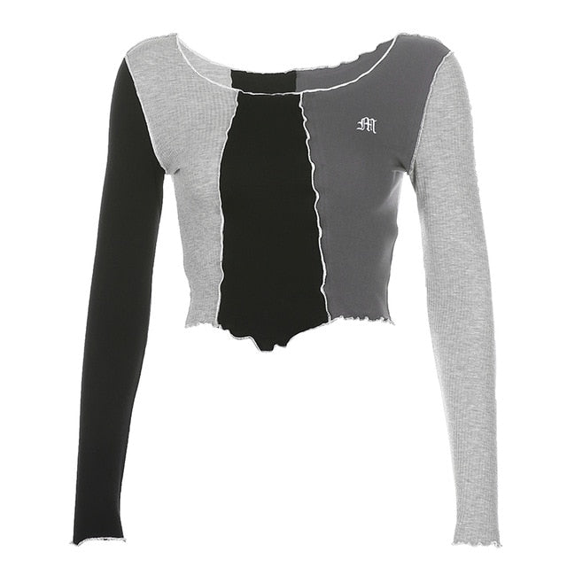 Vintage Patchwork Split Crop Top Gothic Tees