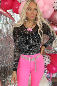 Black Rhinestone Embellished Mesh Bodysuit