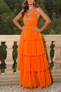 Sultry Sunset Elegance: Orange Deep V Tiered Maxi Dress