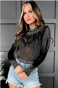 Black Rhinestone Sheer Mesh Long Sleeve Bodysuit