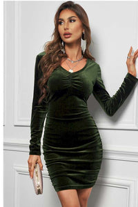 Slim fit Long Sleeve Ruched Velvet Dress