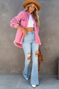 Pink Frayed Hemline Denim Shacket
