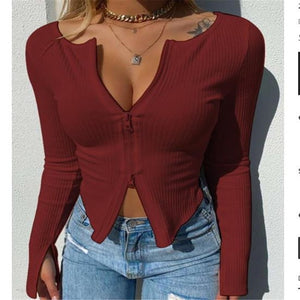 Ribbed Knitted Long Sleeve Crop Tops Tee