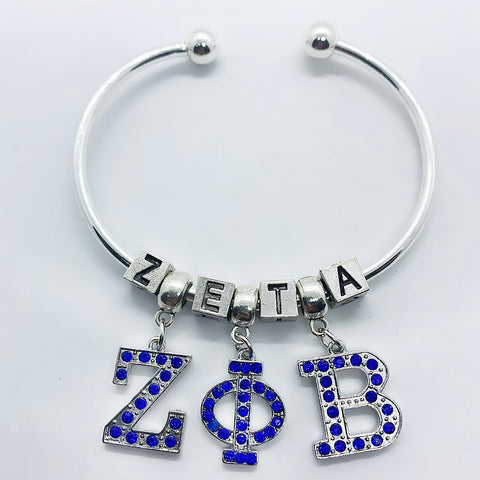 Blue rhinestone inlaid metal Greek letter ZETA PHI BETA pendant big hole beads bracelet sorority society opening wire bangle